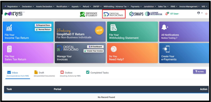 IRIS portal dashboard - Digital Invoicing menu