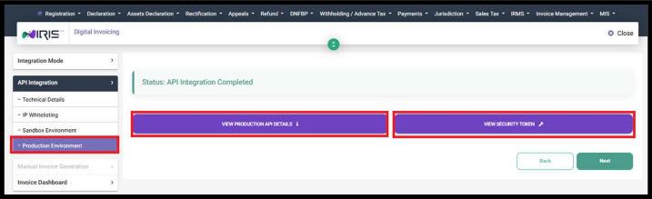 Production Token screen